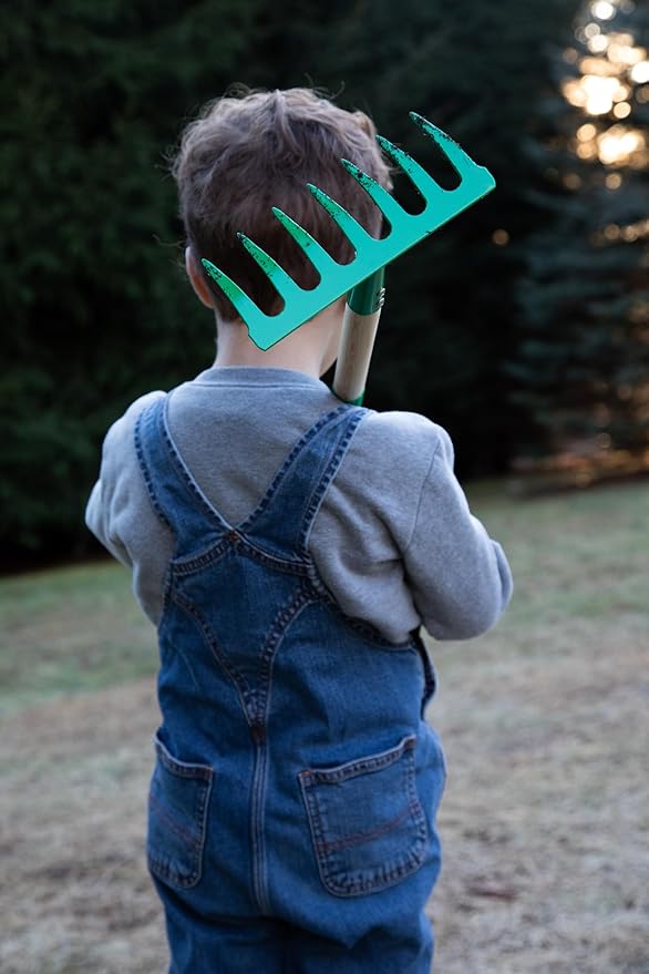 JustForKids Kids Garden Tool Set Toy, Rake, Spade, Hoe and Leaf Rake, reduced size , made of sturdy steel heads and real wood handle, 4-Piece, Multicolored, 5yr+