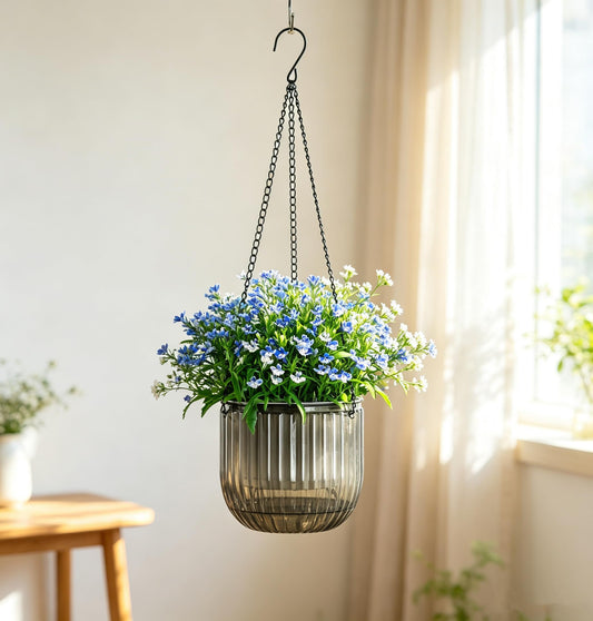Melphoe 2 Pack Self Watering Hanging Planters Indoor Flower Pots, 6.5 Inch Outdoor Hanging Plant Pot Basket, Plant Hanger with 3Hooks Drainage Holes for Garden Home (Gray + White)