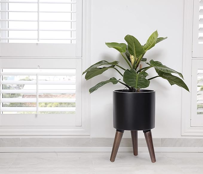 D'vine Dev 8 Inch Planter Pot with Stand, Mid-Century Tall Plant Pot with Legs for Indoor Plants, Small, Black, 88-O-A-2