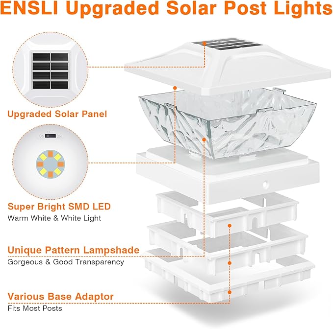 ENSLI Solar Post Cap Lights Outdoor 6 Pack, 2 Mode Bright Fence Post Solar Lights Outdoor Waterproof, Deck Fence Post Cap Light Solar Powered for 4x4 4.5x4.5 5x5 Posts in Garden Decor