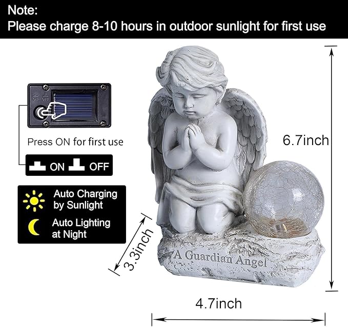 Angel Decor Praying Cherubs Statue, Garden Decor with Solar Crackle Glass Globe for Lawn Patio Decorations