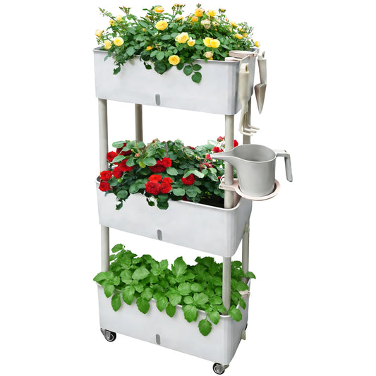 MNKXL Self-Watering Raised Planter Box with Lockable Wheels,3-Tier Elevated Garden Bed with Visible Water Level Window,Indoor Outdoor Plastic Plant Box for Flowers,Vegetables & Herbs