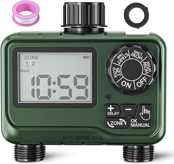 BN-LINK Sprinkler Timer Outdoor - 2 Zone Programmable Water Timer with Rain Delay, Automatic Irrigation System for Lawns & Garden Hoses - Waterproof Manual Controller with Large LCD Display