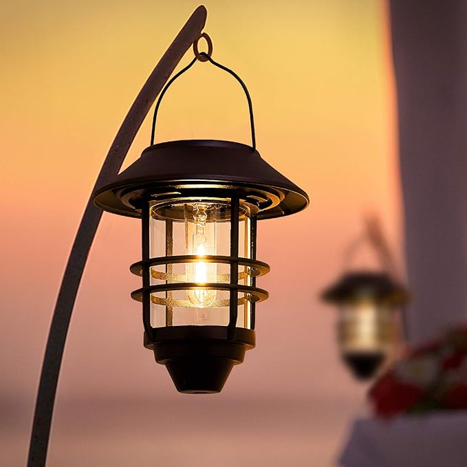 Solar Lantern Outdoor Lights, Hanging Waterproof Lantern Lights with Wall Mount Kit for Garden Porch Fence 2 Pack