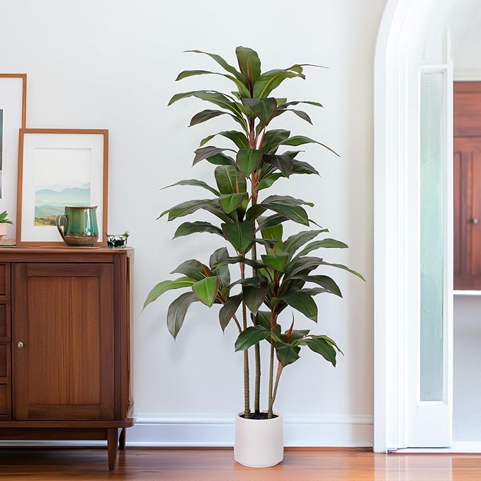Artificial Dracaena Tree 5 FT, Fake Tree with White Planter, Faux Yucca Silk Floor Plants Indoor, Artificial Trees for Home Office Decor Indoor Outdoor Housewarming Gift
