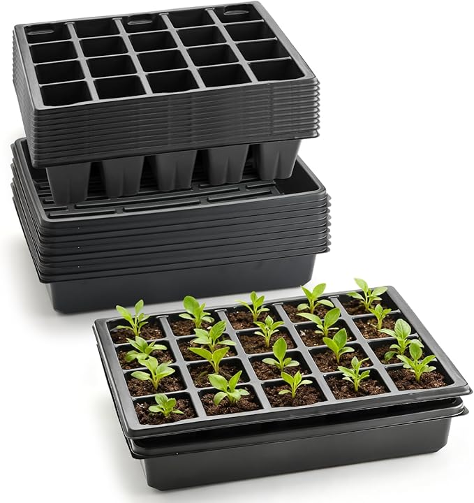 10 Pack 2.5 inch Square Pots 3.5 inch Deep 20 Cell Seedling Plug Trays with Water Collection Nursery Trays (15"x11"x3") for Seeds Starting and Transplanting