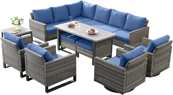 Belord Outdoor Sectional Furniture with Swivel Rocker Chair, 10 Pieces Wicker Patio Furniture Sets with Ottoman L Shaped Sofa Coffee Table Blue Cushion