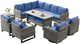 Belord Outdoor Sectional Furniture with Swivel Rocker Chair, 10 Pieces Wicker Patio Furniture Sets with Ottoman L Shaped Sofa Coffee Table Blue Cushion