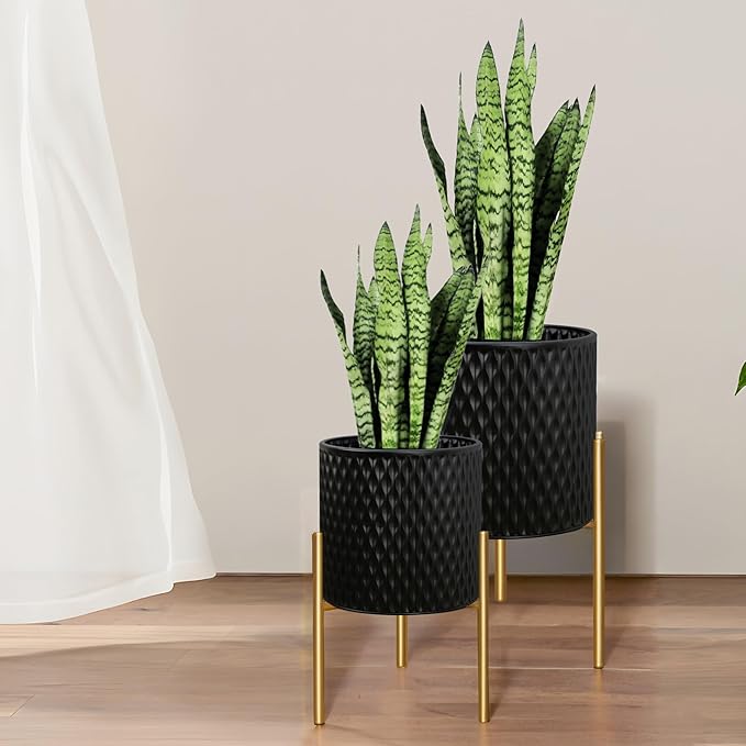 ARNIS Plants Pots with Stand, Large Size Flower Pots, Set of 2 Unique Mid Century Decorative Metal Flower Pots with Drainage,10.5&12.25 Inch, Black