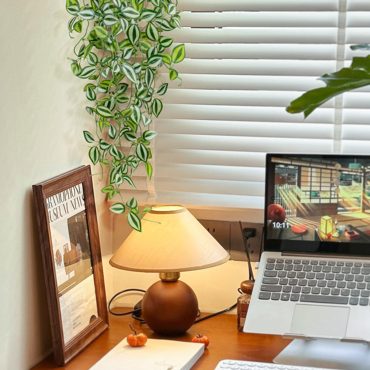 LUZOGA Artificial Plants Indoor Small Potted Hanging Vine plnat 39-in Long Fake Green Eyebrow Leaf Plant Faux Trailing Plant for Home Office Livingroom Desk Shelf Mantle Decoration (Black Pot)