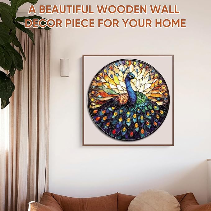Qiuenisray Jigsaw Puzzles for Adults 200 Pieces, Beautiful Wooden Puzzles Stained Glass Peacock, FSC Certified Unique Shape Adult Puzzles, for Family Friend 11.2 x 11.2 in