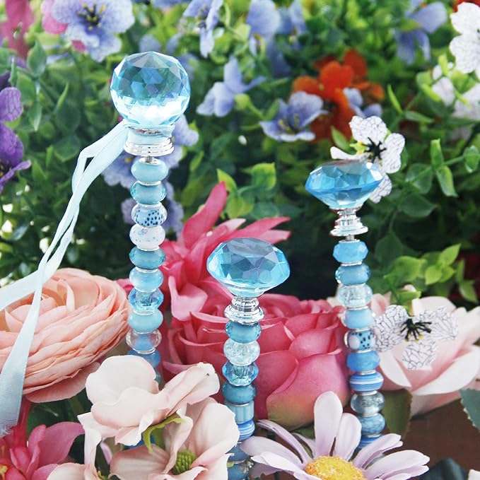 119 Pcs Garden Stake DIY Fairy Wand Plant Stake with Blue Large Hole Beads Crystal Diamond Stopper Top 4 Stainless Steel Threaded Rod Beaded Garden Stakes for Outdoor Indoor Yard Patio Decorations