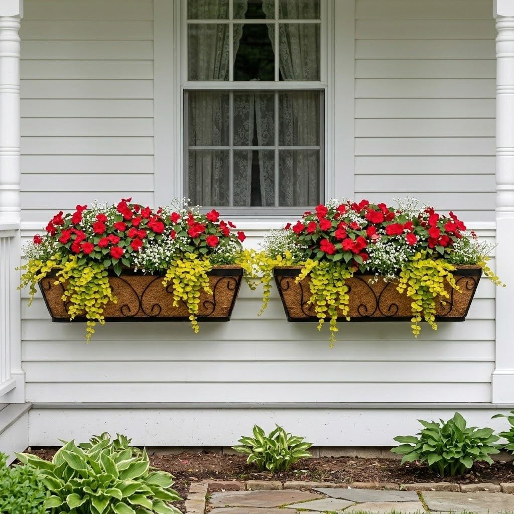 Nature Crafted 24 Inch Window Box Planter with Adjustable Brackets for Hanging Outdoor Plants, 4 Pack Railing Planter Boxes with Coco Liners for Balcony Deck Porch & Patio Garden Decor, Black