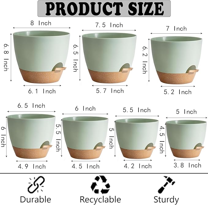 Self Watering Plant Pot with Drainage Hole,Plant Pots Outdoor Flower Pots for Indoor Plants,Modern Green Plastic Self Watering Planters Succulent Pot 7pcs/Set
