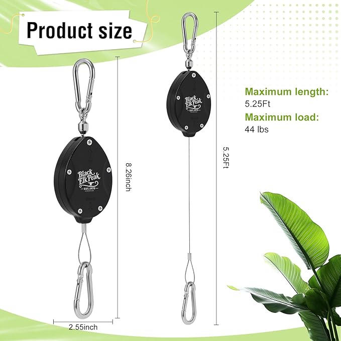 Plant Pulleys, Heavy Duty Retractable Hangers, 304 Stainless Steel Rope, Auto Plant Holder, Adjustable Climbing Hook for Garden Baskets, Watering, or Bird Feeders 2PC (Black)
