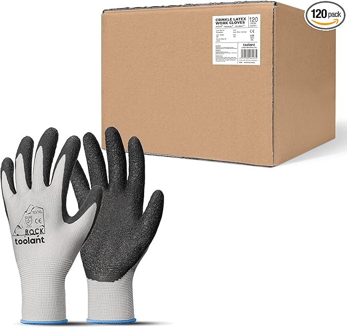 toolant Crinkle Latex Work Gloves Bulk, Rubber Coated Safety Work Gloves for Men and Women, 120 Pairs for Construction, Gardening, Warehouse (Gray, XL)