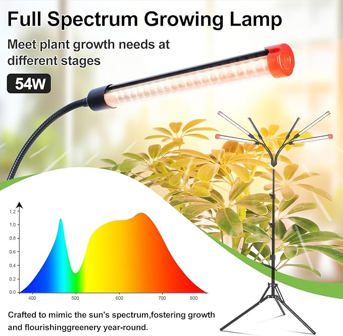 6Head Grow Lights for Indoor Plants, Seed Starting, Vegetables, Bonsai with Tripod Stand and Auto On/Off Timer 4/8/12H, 54W Power Full Spectrum Standing LED Plant Growing Lamps, 360° Gooseneck