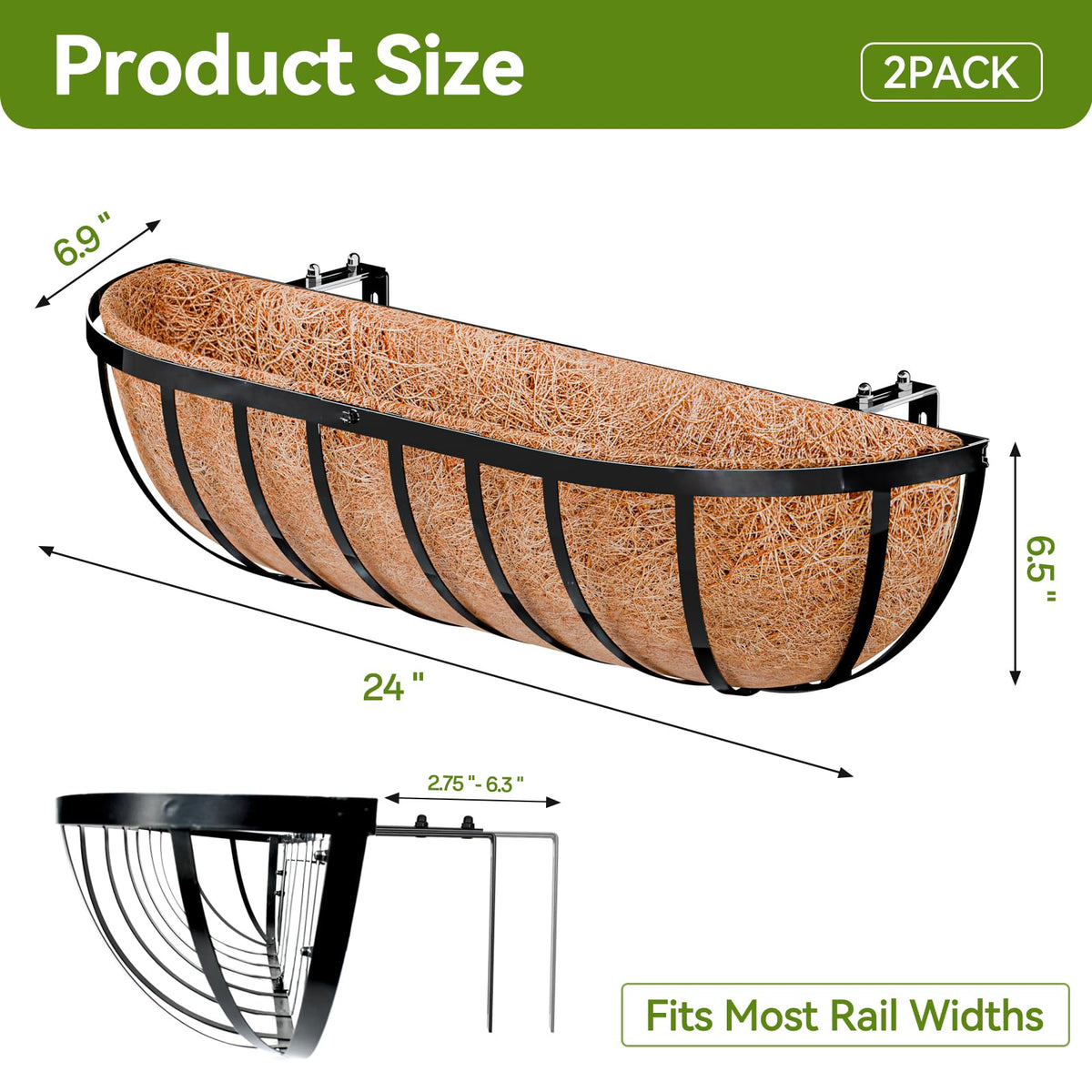 Halatool 24 Inch Railing Planter Box, 2 Pack Trough Planter Box for Outdoor