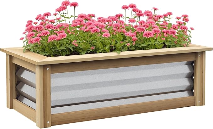 Outsunny Raised Garden Bed, Outdoor Planter Box, Galvanized Metal Reinforced with Wood, Stock Tank for Growing Flowers, Herbs and Vegetables