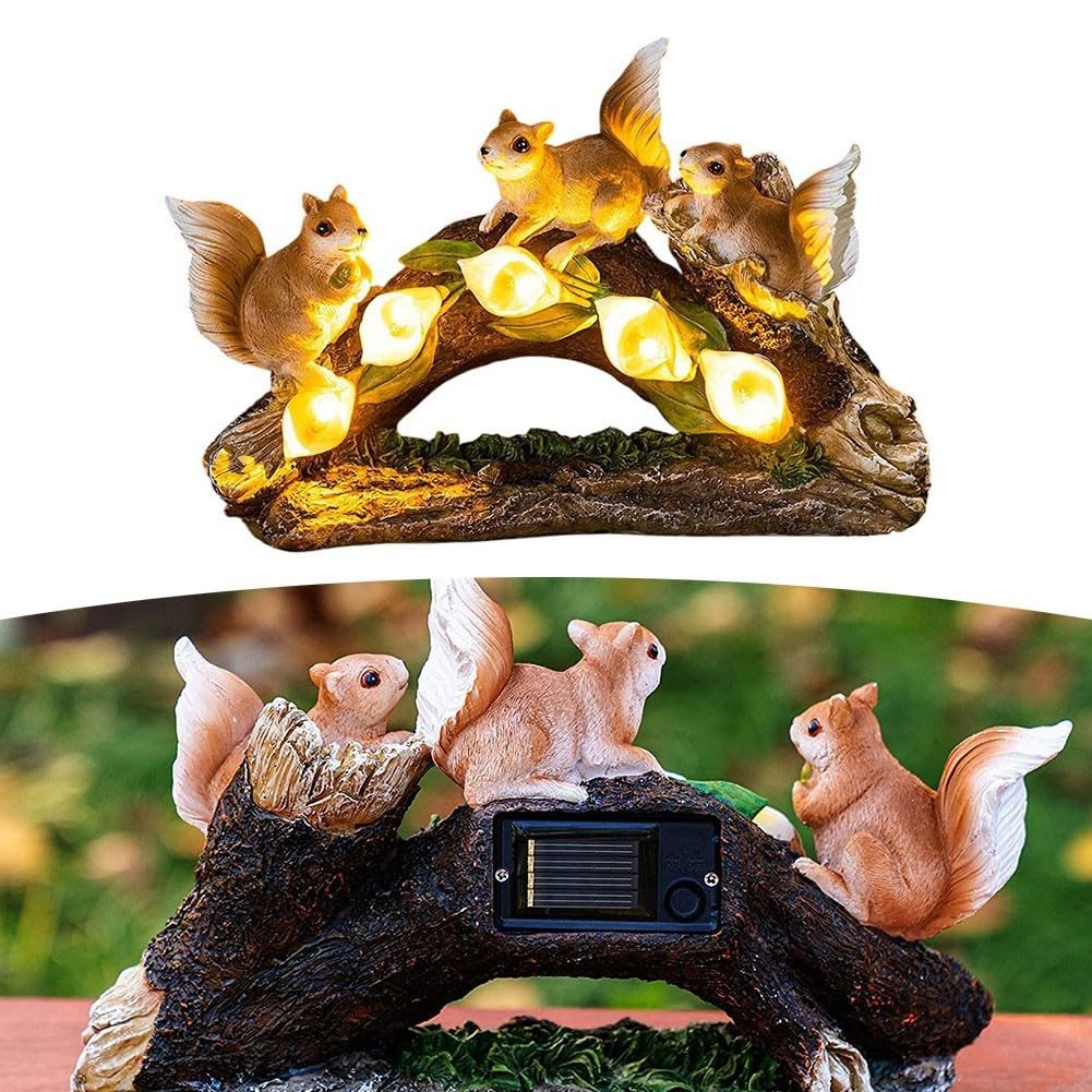 Outdoor Solar Squirrel Statue Resin Garden Decor Light Up Lawn Ornament Weatherproof Yard Art for Backyard Pathway Patio Night Glow(Three squirrels)