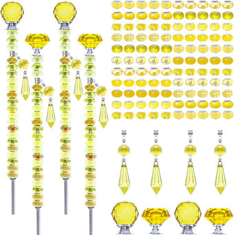 Exway 100 PCS DIY Fairy Wand Beaded Garden Stake Beads Kits with Yellow Large Hole Beads 4 Crystal Stopper Top Threaded Rods and 4 Yellow Sparkling Crystal Pendants for Outdoor Indoor Decor