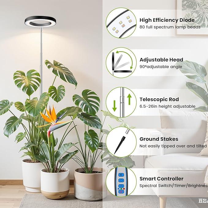 Black Grow Light, Full Spectrum LED Plant Lights for Indoor Growing with 6/12/16H Timer, 3 Color Modes, 5 Brightness, 10"-65" Height Adjustable Plant Grow Lamp for Large Indoor Plants