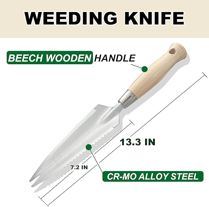 SUMIO 13.3" Alloy Steel Garden Trowel with Forked Tip and Depth Markings, Weeding Knife for Root Cutting, Transplanting, Digging, and Slit Weeding