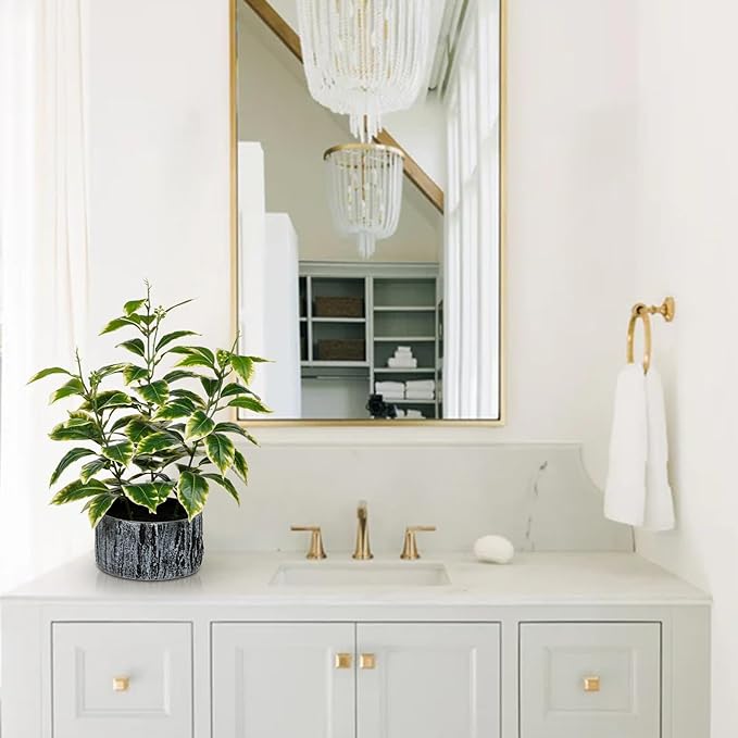 Artificial Plants Decor Greenery Fake Ficus White-edged Leaf with Seeds Indoor Potted 14" Fake Plant in Rustic Black Ceramic Planter for Farmhouse Room Bathroom Bedroom Kitchen Office Table Desk Decor