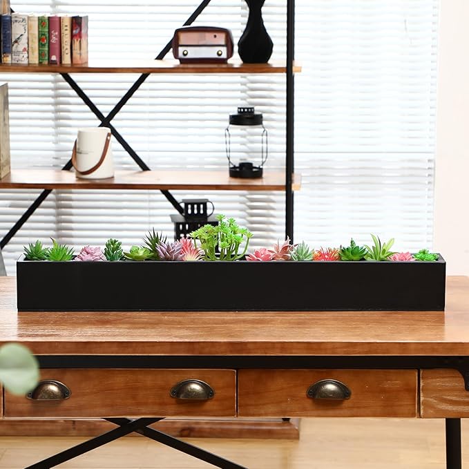32 x 3.5 x 3.5 Inch Long Rectangular Planter Box Window Sill Plant Box Metal Water Trough Indoor Large Modern Steel with Drainage Holes Herb Garden Home(Black)