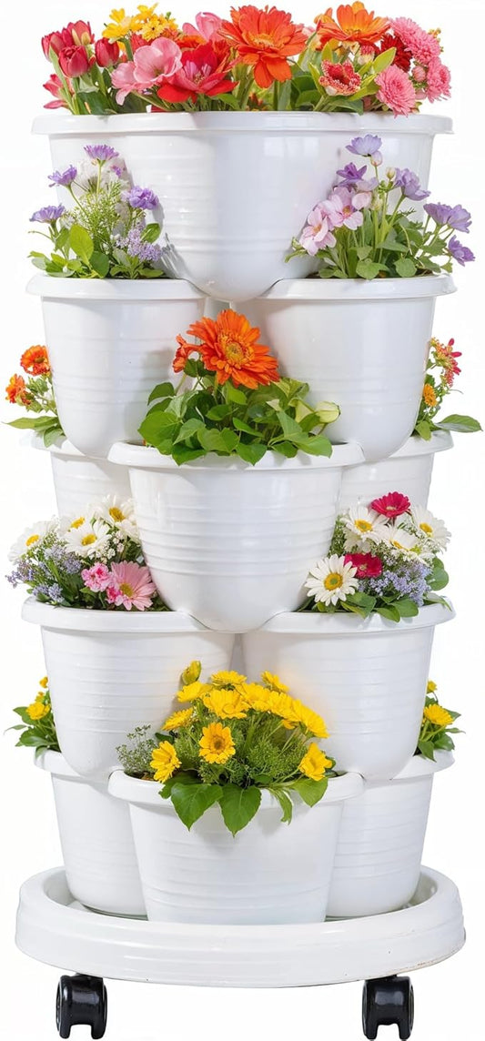 VECELO 5 Tier Vertical Garden Planter, Self Watering Stackable Planters with Wheels for Strawberries, Herbs, Flowers, Vegetables, White