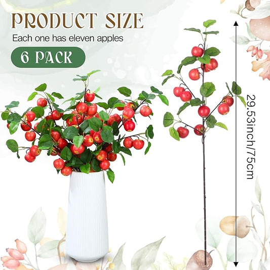 6 Pcs 29.53 Inches Artificial Fake Apple Branches Realistic Tall Apple Bouquets Tree Branch with Long Stem and Green Leaves Fruit Plant for Home Office Vase Filler Shop