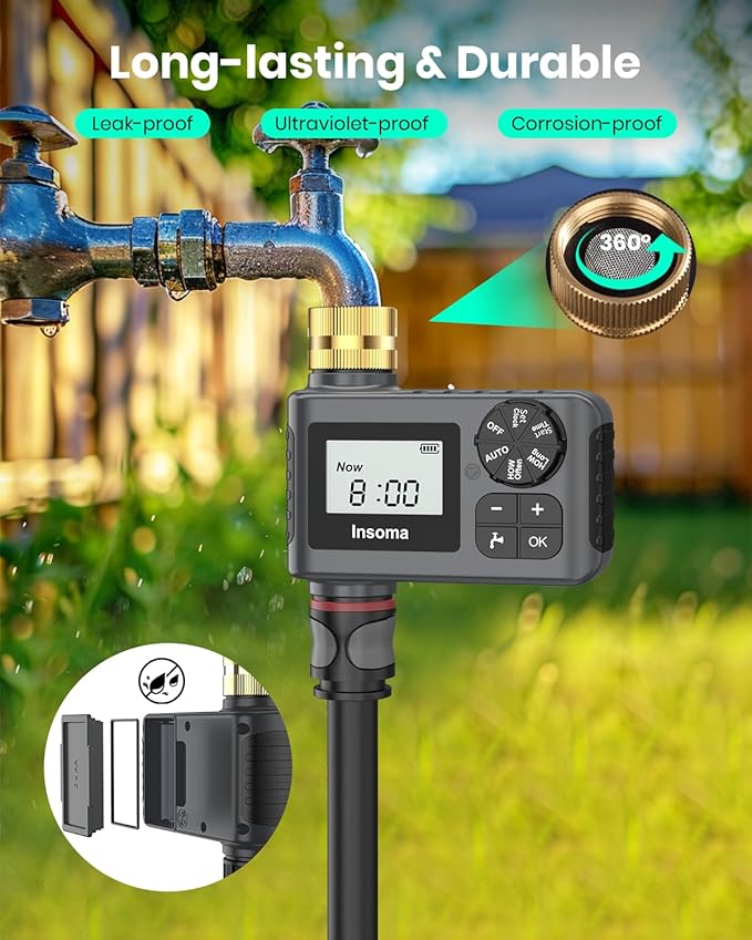 2 PCS Water Timer with Brass Inlet, Water Sprinkler Timer with Rain Delay/Manual/Automatic Drip Irrigation and Lawn Watering System for Yard