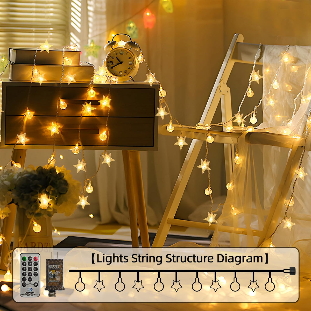 Crystal Globe & Star String Lights Plug in - 72 FT 160 LED Star Fairy String Lights with Remote Control Timer Waterproof Indoor Outdoor Hanging Globe Lights for Bedroom Wedding Party Patio Warm White