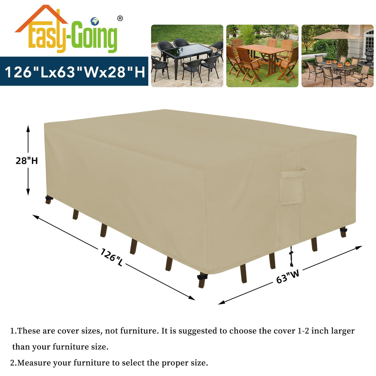 Easy-Going Rectangle Patio Furniture Cover Waterproof Outdoor Dining Table and Chair Cover Anti-UV Outside Sectional Sofa Set Covers (126"L x 63"W x 28"H, Camel)