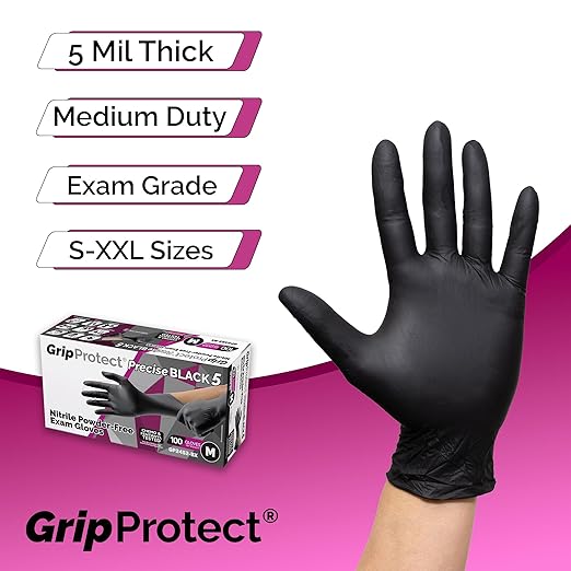 GripProtect Precise Black 5 Nitrile Exam Gloves | 5 Mil Thickness | Chemo-Rated | Medical, Law Enforcement, Tattoo, Dental, Janitorial, Food & Agriculture (S, 1,000)