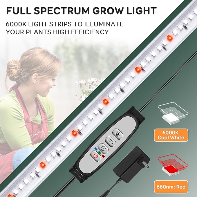 6 Bars Grow Light Strips for Indoor Plants with Auto ON/Off Timer 6/12/18H, 5 Dimmable Levels for Shelves Plant Growing(Pack 2)