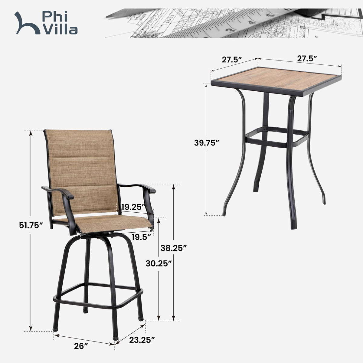 PHI VILLA 3 Piece Outdoor Swivel Bar Stools Set, Bar Height Patio Set