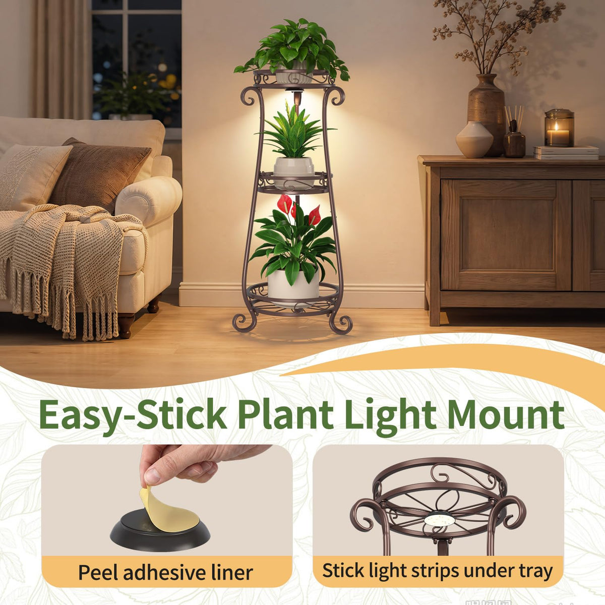LASZOLA 3 Tiers Metal Corner Plant Stand Tall with Light for Indoor Outdoor