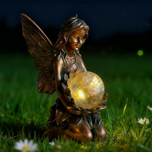 Garden Statues Outdoor Flower Fairy Decor,Solar Powered Outdoor Resin Statues-Patio Lawn Yard Porch, Funny Fairies Ornaments Figurines for Outside Garden Gifts,8.31 Inches Tall