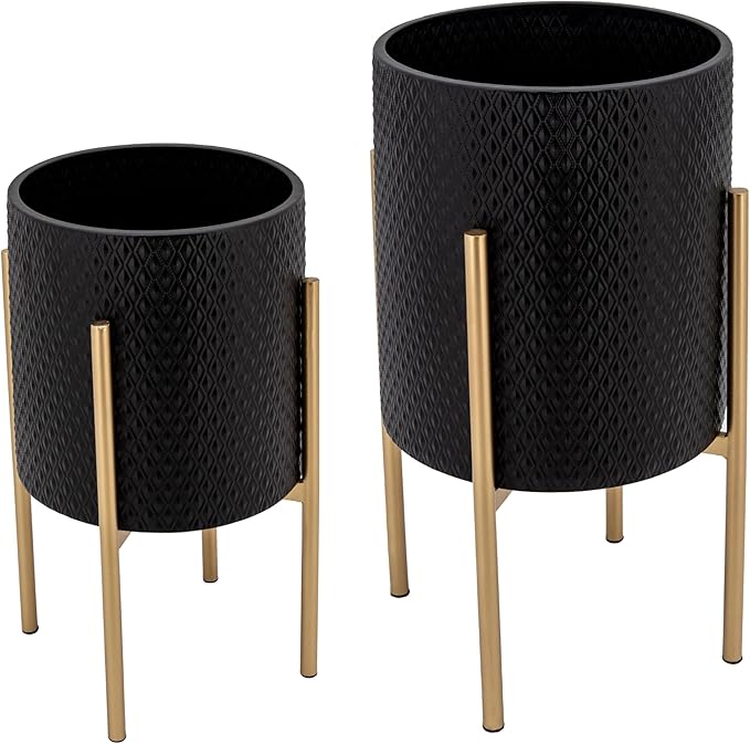 Decorative Flower Pots with Metal Stand for Home Decor - Modern Planters for Hallway, Entryway, and Living Room Decor - Indoor and Outdoor Pots for Plants - Set of 2, 23", 19", Black & Gold