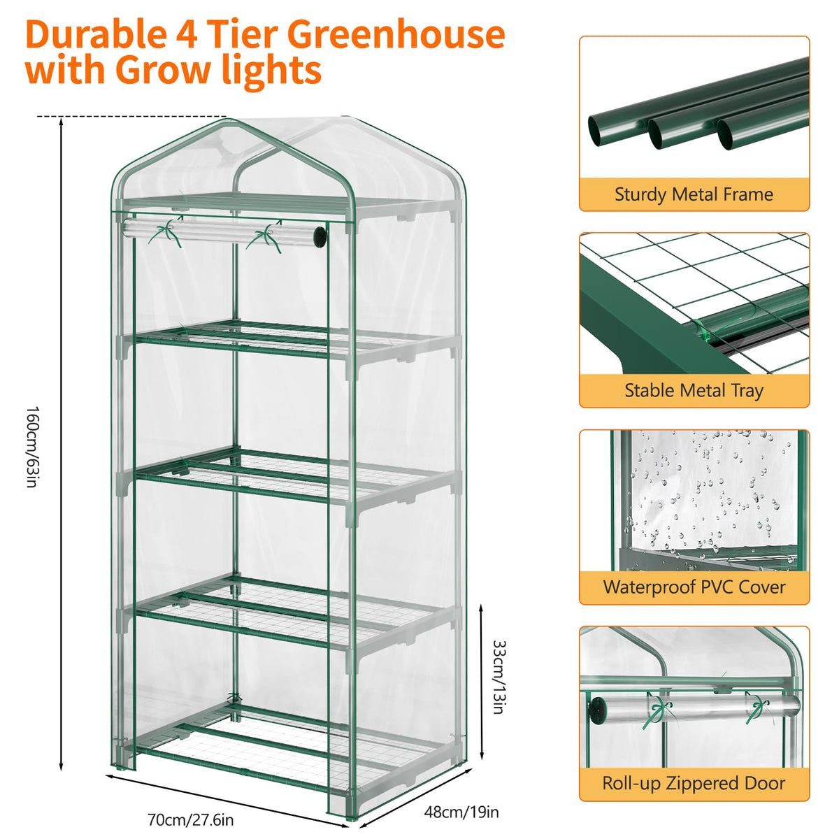 DoCred Indoor Greenhouse with Grow Lights, 4-Tier Mini Greenhouse PVC Cover