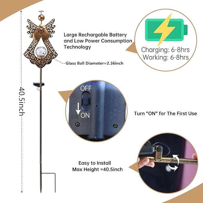 Starryfill Angel Stake Solar Lights with Crackle Glass Globe Waterproof Warm White LED, 40.5 inches Height Metal Bronze Stake Garden Patio Art Decor, Memorial Gift for Mom Women or Friends