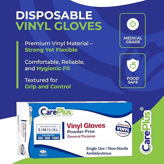 CARE PLUS Vinyl Gloves Clear Small Size 1000 Count | Heavy Duty, Non-Sterile, Powder-Free, Latex-Free Rubber | Food Prep, Kitchen & Cleaning Gloves, Ideal for Professional Use