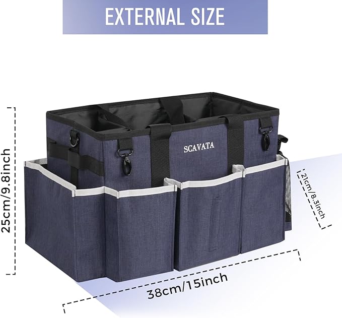 Wearable Caddy Bag, Cleaning Supplies Organizer With Handle & Shoulder Straps for Housekeepers, Under Sink & Car Tool Organizers With 4 Foldable Divider (NavyBlue)