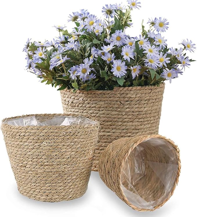 Home Decor Woven Straw Flower Pot Seagrass Planters Basket Garden Plant Pot Containers Wicker Rattan Vase Sundries Organizer Storage Bins for Indoor Outdoor Plants Vintage Decor