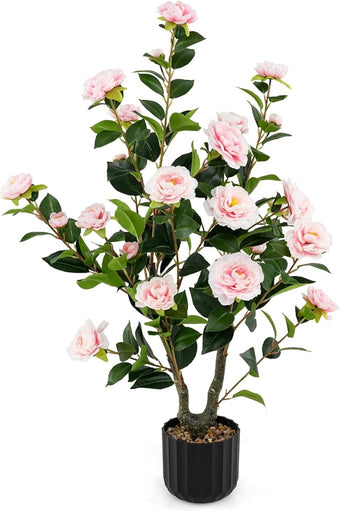 Goplus 38’’ Artificial Camellia Tree, Flower Plants Artificial Tree, Faux Floral Plant Blooming Tree in Cement Pot, Greenery Potted Plant for Indoor Outdoor Office Home Porch Decor