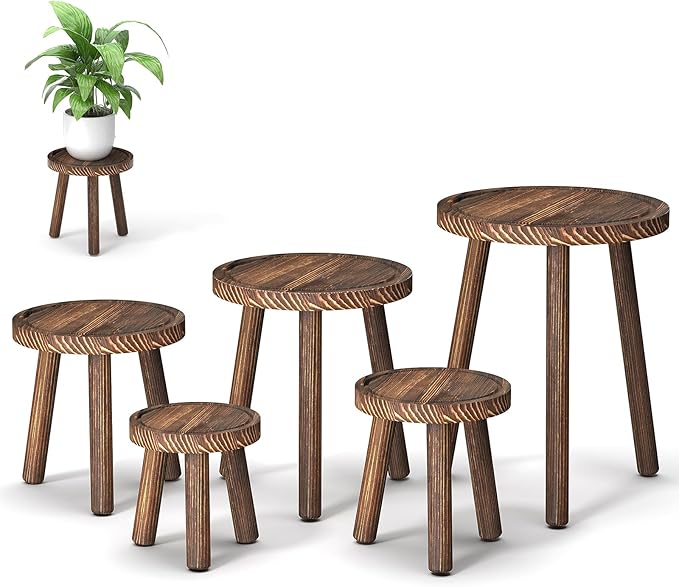 Vecxoty 5-Pack Wood Plant Stands Indoor, Single Plant Stand for 6-12 Inch Pots, Mid-Century Modern Plant Stool, Tall Plant Stand for Large Plants for Living Room, Balcony, Office (Dark Brown)