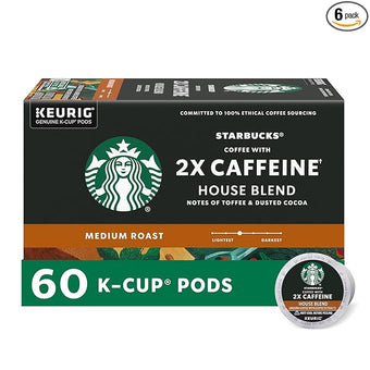 Starbucks K-Cup Coffee Pods, Medium Roast Coffee With 2X Caffeine House Blend For Keurig Coffee Makers, 100% Arabica, 6 Boxes (60 Pods Total)