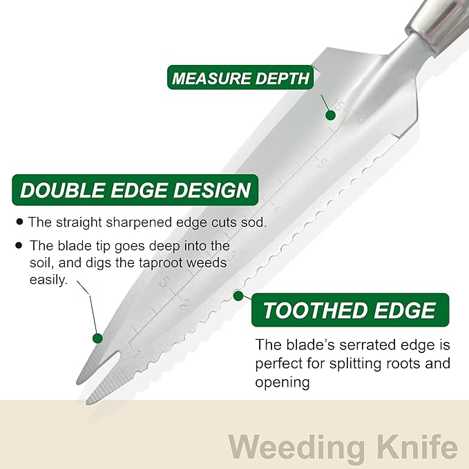 SUMIO 13.3" Alloy Steel Garden Trowel with Forked Tip and Depth Markings, Weeding Knife for Root Cutting, Transplanting, Digging, and Slit Weeding