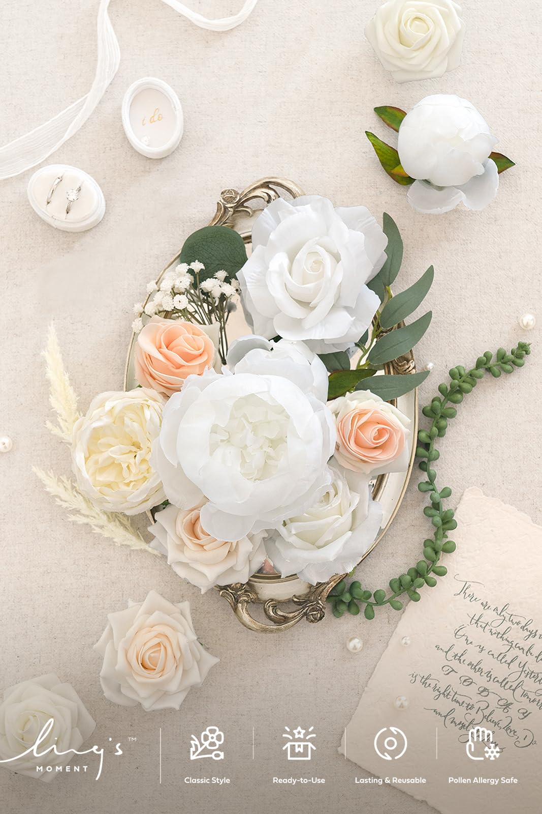 Ling's moment Fake Flowers Box, White & Blush Grand Combo